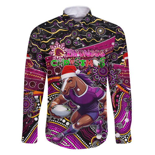Merry Christmas Broncos Family Matching Long Sleeve Bodycon Dress and Hawaiian Shirt Aboriginal Santa Rugby Mascot - Brisbane