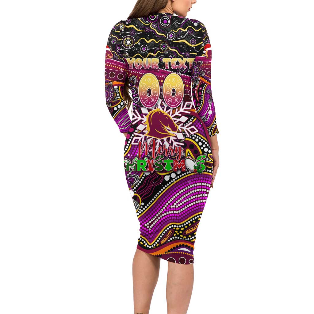 Merry Christmas Broncos Family Matching Long Sleeve Bodycon Dress and Hawaiian Shirt Aboriginal Santa Rugby Mascot - Brisbane