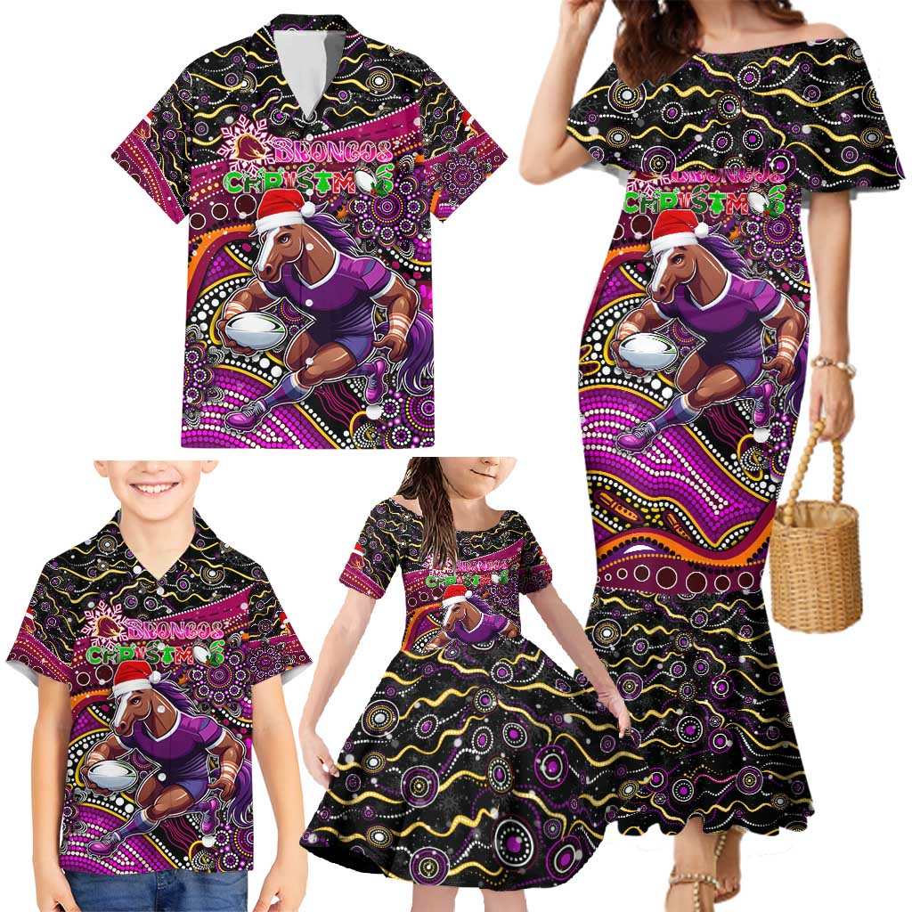 Merry Christmas Broncos Family Matching Mermaid Dress and Hawaiian Shirt Aboriginal Santa Rugby Mascot - Brisbane