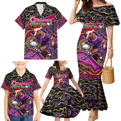 Merry Christmas Broncos Family Matching Mermaid Dress and Hawaiian Shirt Aboriginal Santa Rugby Mascot - Brisbane
