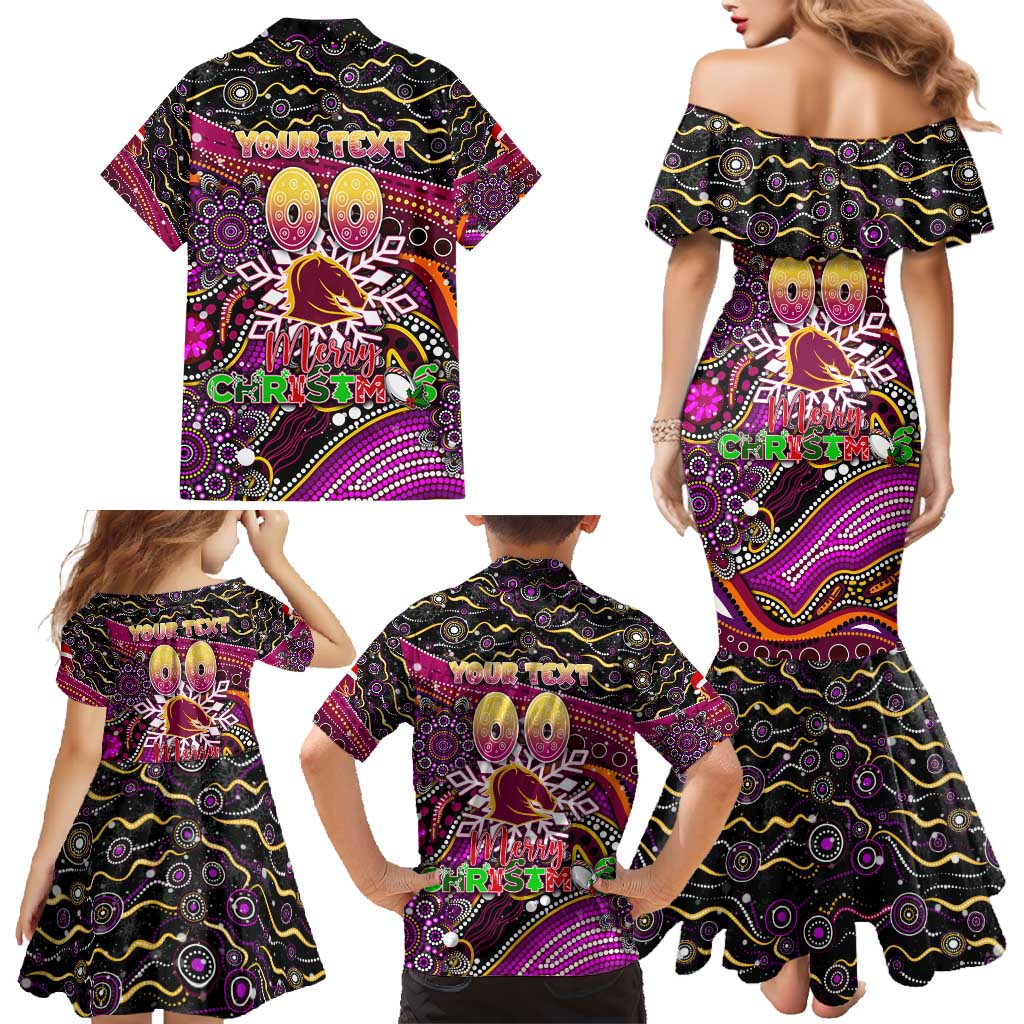 Merry Christmas Broncos Family Matching Mermaid Dress and Hawaiian Shirt Aboriginal Santa Rugby Mascot - Brisbane