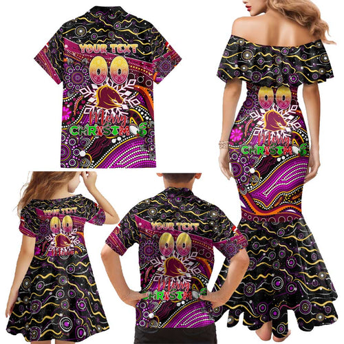 Merry Christmas Broncos Family Matching Mermaid Dress and Hawaiian Shirt Aboriginal Santa Rugby Mascot - Brisbane