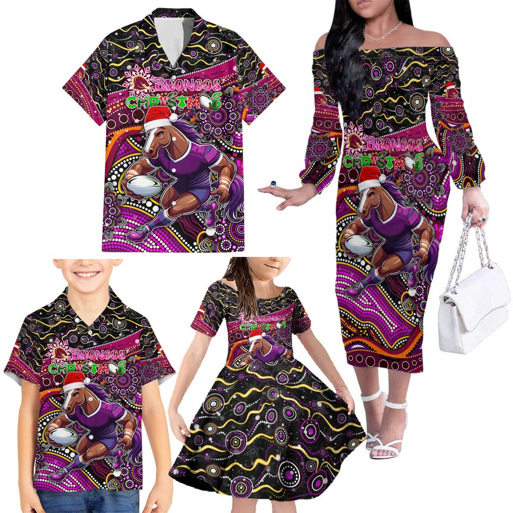 Merry Christmas Broncos Family Matching Off The Shoulder Long Sleeve Dress and Hawaiian Shirt Aboriginal Santa Rugby Mascot - Brisbane