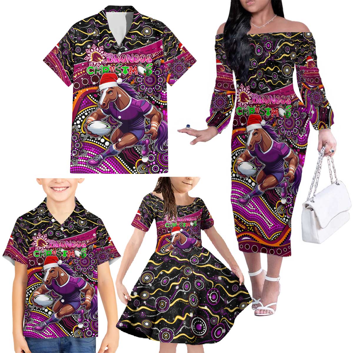 Merry Christmas Broncos Family Matching Off The Shoulder Long Sleeve Dress and Hawaiian Shirt Aboriginal Santa Rugby Mascot - Brisbane