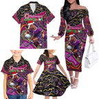 Merry Christmas Broncos Family Matching Off The Shoulder Long Sleeve Dress and Hawaiian Shirt Aboriginal Santa Rugby Mascot - Brisbane