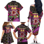 Merry Christmas Broncos Family Matching Off The Shoulder Long Sleeve Dress and Hawaiian Shirt Aboriginal Santa Rugby Mascot - Brisbane