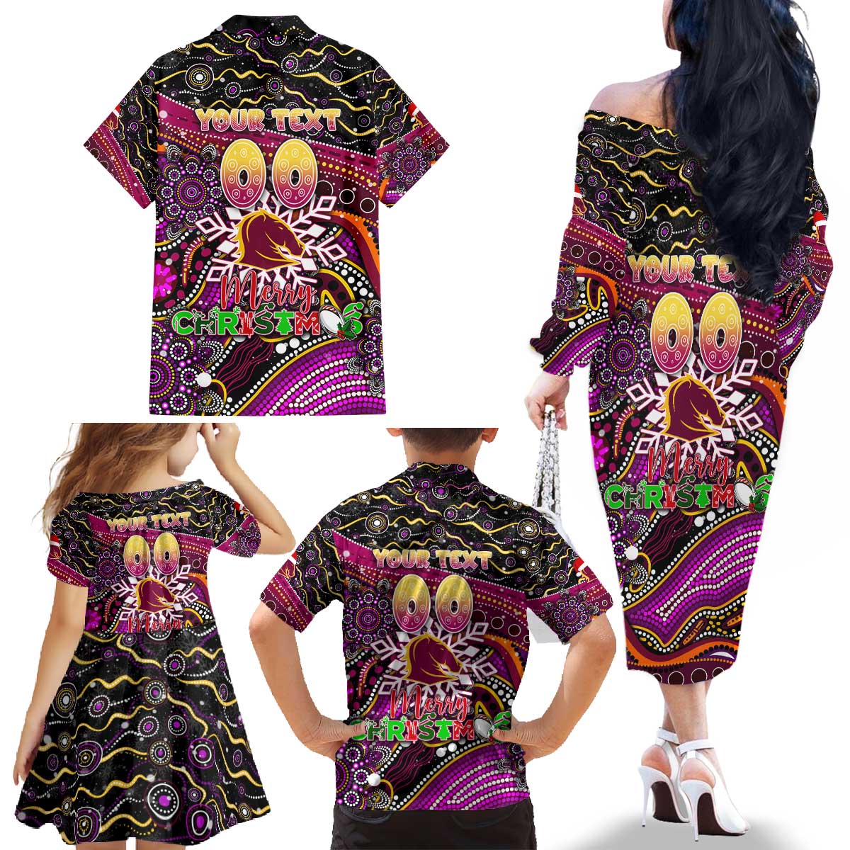 Merry Christmas Broncos Family Matching Off The Shoulder Long Sleeve Dress and Hawaiian Shirt Aboriginal Santa Rugby Mascot - Brisbane