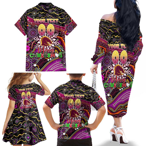 Merry Christmas Broncos Family Matching Off The Shoulder Long Sleeve Dress and Hawaiian Shirt Aboriginal Santa Rugby Mascot - Brisbane