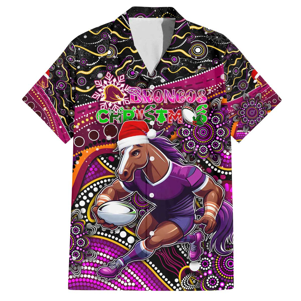 Merry Christmas Broncos Family Matching Off The Shoulder Long Sleeve Dress and Hawaiian Shirt Aboriginal Santa Rugby Mascot - Brisbane