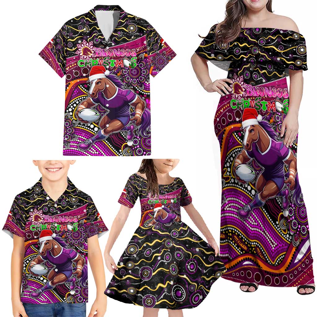Merry Christmas Broncos Family Matching Off Shoulder Maxi Dress and Hawaiian Shirt Aboriginal Santa Rugby Mascot - Brisbane