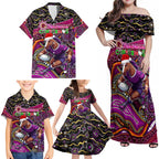 Merry Christmas Broncos Family Matching Off Shoulder Maxi Dress and Hawaiian Shirt Aboriginal Santa Rugby Mascot - Brisbane