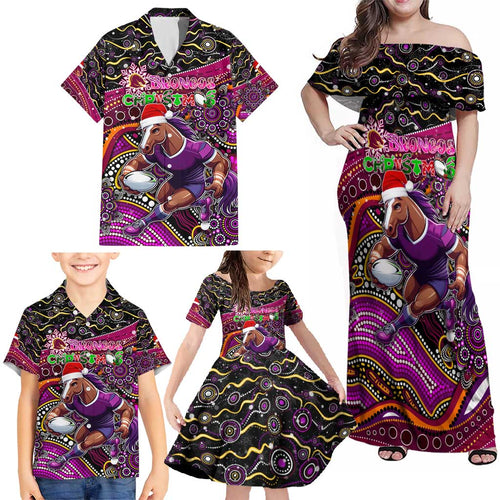 Merry Christmas Broncos Family Matching Off Shoulder Maxi Dress and Hawaiian Shirt Aboriginal Santa Rugby Mascot - Brisbane