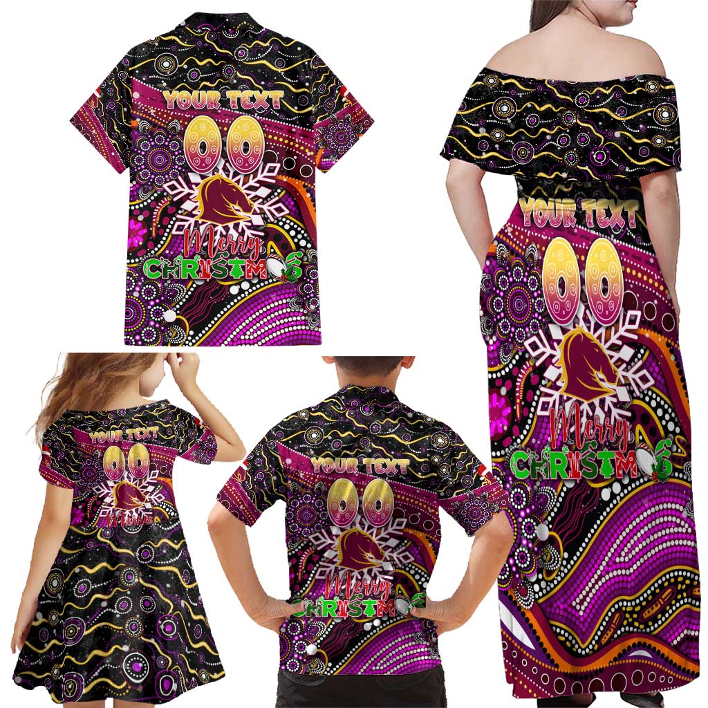Merry Christmas Broncos Family Matching Off Shoulder Maxi Dress and Hawaiian Shirt Aboriginal Santa Rugby Mascot - Brisbane