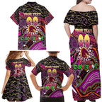 Merry Christmas Broncos Family Matching Off Shoulder Maxi Dress and Hawaiian Shirt Aboriginal Santa Rugby Mascot - Brisbane