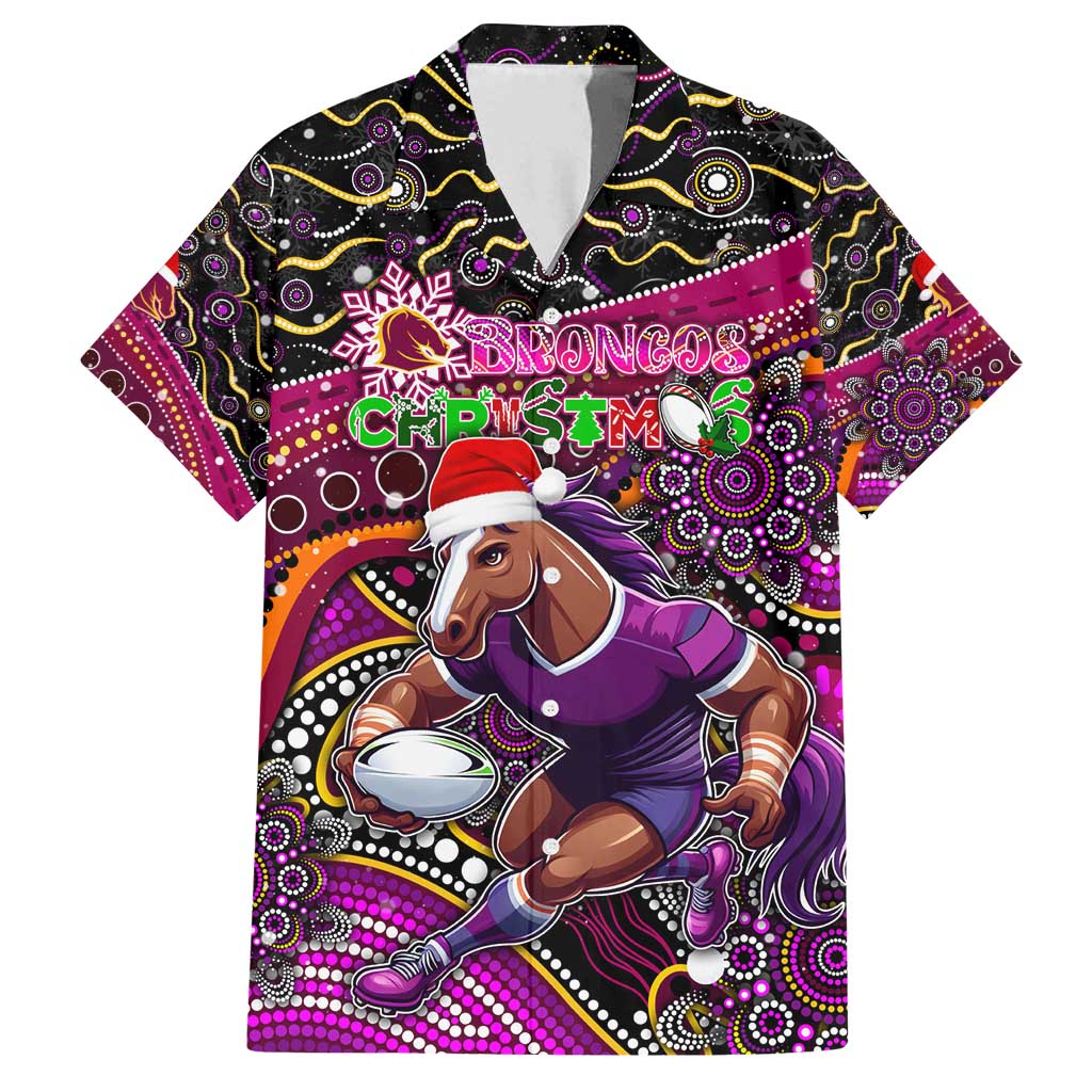 Merry Christmas Broncos Family Matching Off Shoulder Maxi Dress and Hawaiian Shirt Aboriginal Santa Rugby Mascot - Brisbane