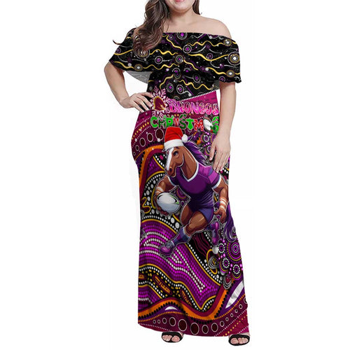 Merry Christmas Broncos Family Matching Off Shoulder Maxi Dress and Hawaiian Shirt Aboriginal Santa Rugby Mascot - Brisbane
