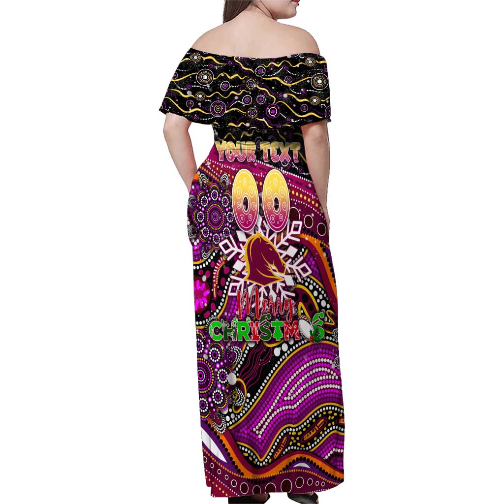 Merry Christmas Broncos Family Matching Off Shoulder Maxi Dress and Hawaiian Shirt Aboriginal Santa Rugby Mascot - Brisbane