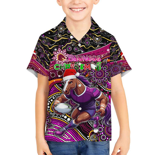 Merry Christmas Broncos Family Matching Off Shoulder Maxi Dress and Hawaiian Shirt Aboriginal Santa Rugby Mascot - Brisbane