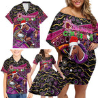 Merry Christmas Broncos Family Matching Off Shoulder Short Dress and Hawaiian Shirt Aboriginal Santa Rugby Mascot - Brisbane