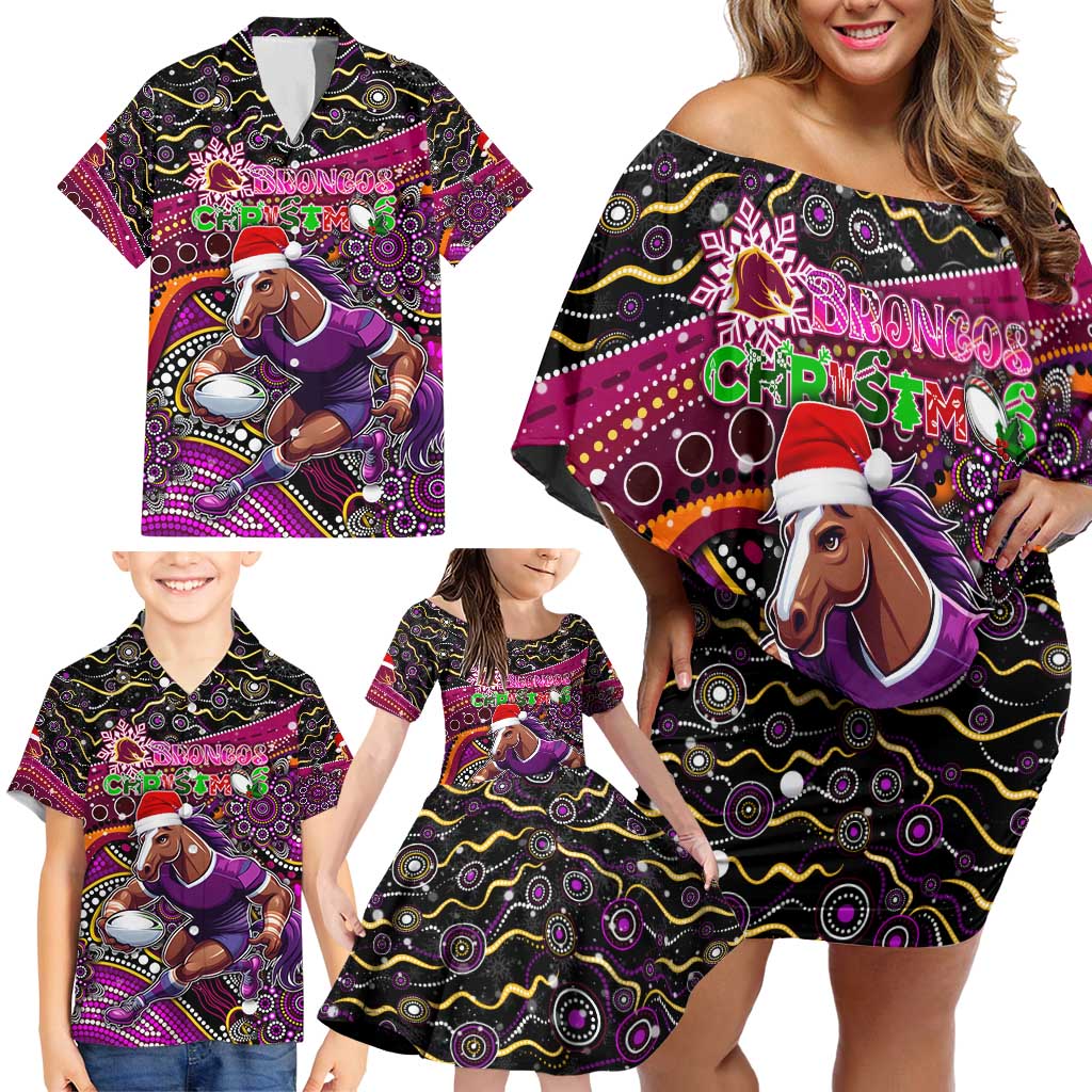 Merry Christmas Broncos Family Matching Off Shoulder Short Dress and Hawaiian Shirt Aboriginal Santa Rugby Mascot - Brisbane