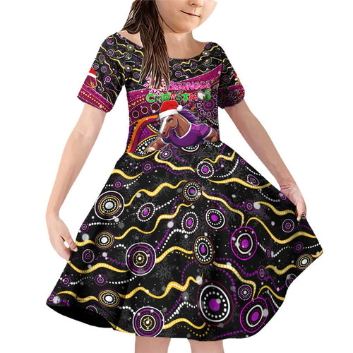 Merry Christmas Broncos Family Matching Off Shoulder Short Dress and Hawaiian Shirt Aboriginal Santa Rugby Mascot - Brisbane