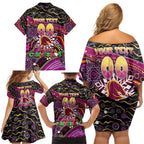 Merry Christmas Broncos Family Matching Off Shoulder Short Dress and Hawaiian Shirt Aboriginal Santa Rugby Mascot - Brisbane
