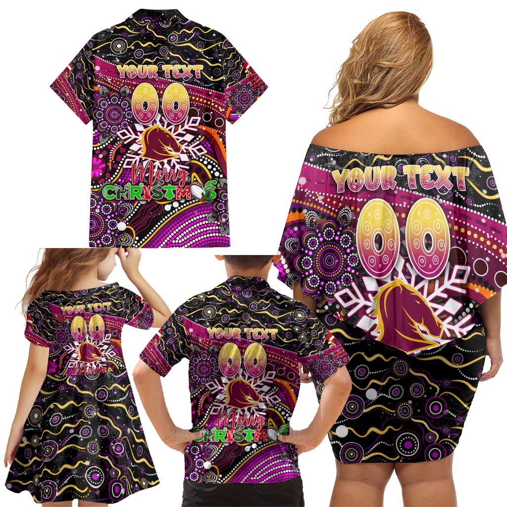 Merry Christmas Broncos Family Matching Off Shoulder Short Dress and Hawaiian Shirt Aboriginal Santa Rugby Mascot - Brisbane