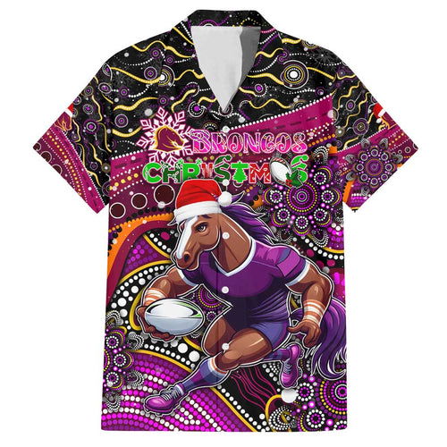 Merry Christmas Broncos Family Matching Off Shoulder Short Dress and Hawaiian Shirt Aboriginal Santa Rugby Mascot - Brisbane