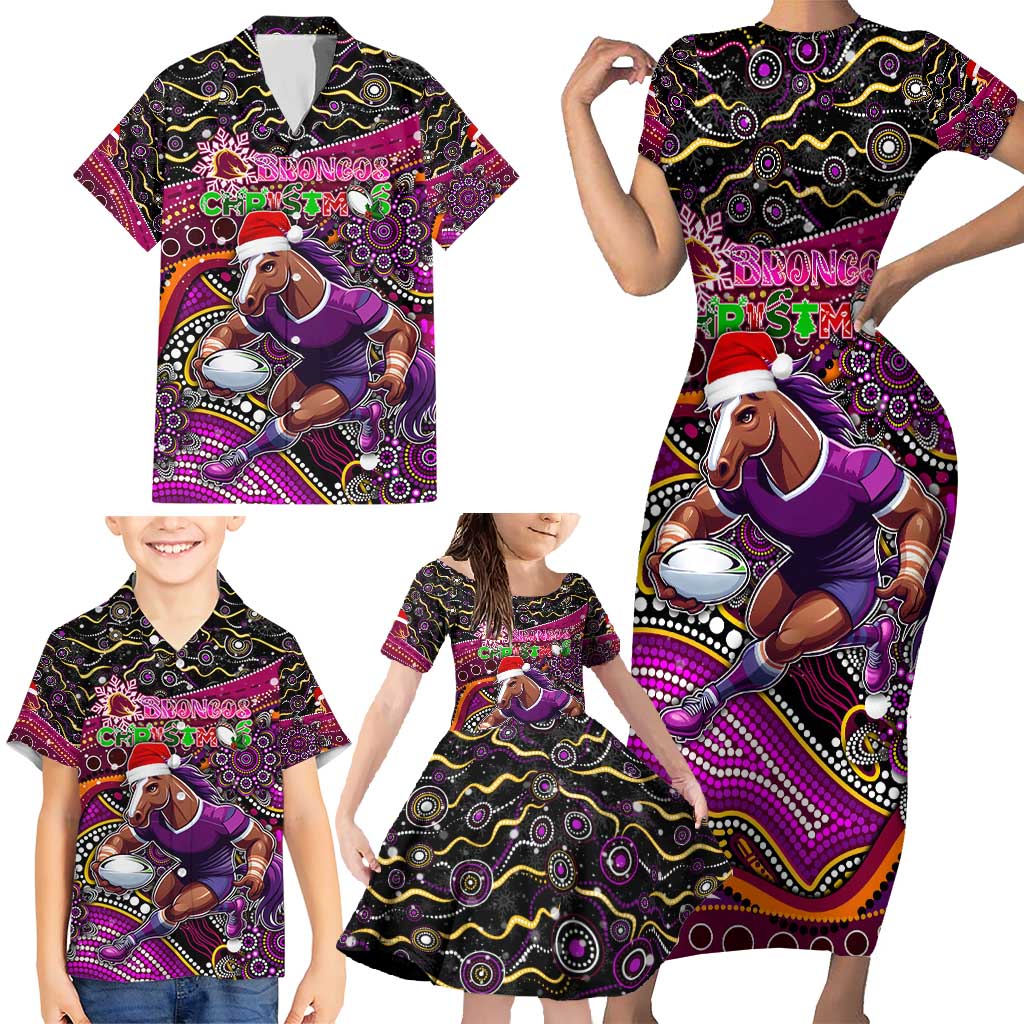 Merry Christmas Broncos Family Matching Short Sleeve Bodycon Dress and Hawaiian Shirt Aboriginal Santa Rugby Mascot - Brisbane
