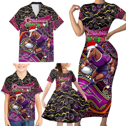 Merry Christmas Broncos Family Matching Short Sleeve Bodycon Dress and Hawaiian Shirt Aboriginal Santa Rugby Mascot - Brisbane