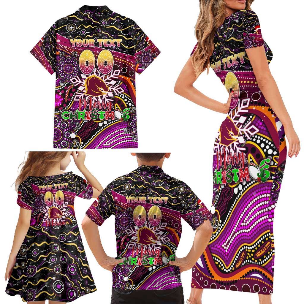 Merry Christmas Broncos Family Matching Short Sleeve Bodycon Dress and Hawaiian Shirt Aboriginal Santa Rugby Mascot - Brisbane