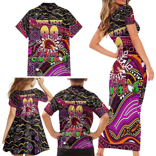Merry Christmas Broncos Family Matching Short Sleeve Bodycon Dress and Hawaiian Shirt Aboriginal Santa Rugby Mascot - Brisbane
