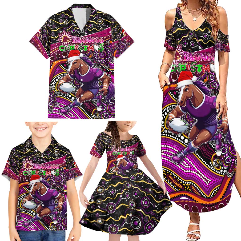 Merry Christmas Broncos Family Matching Summer Maxi Dress and Hawaiian Shirt Aboriginal Santa Rugby Mascot - Brisbane