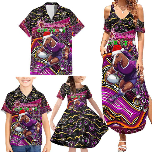 Merry Christmas Broncos Family Matching Summer Maxi Dress and Hawaiian Shirt Aboriginal Santa Rugby Mascot - Brisbane