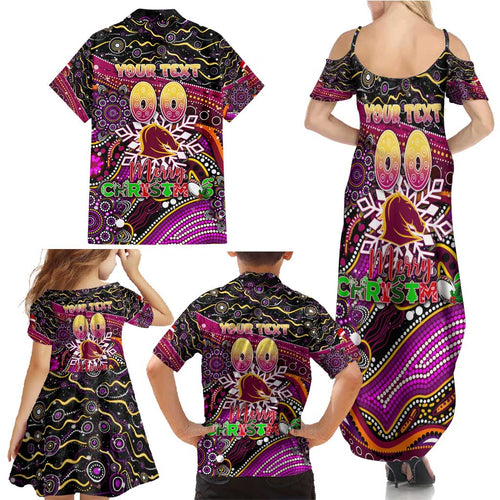 Merry Christmas Broncos Family Matching Summer Maxi Dress and Hawaiian Shirt Aboriginal Santa Rugby Mascot - Brisbane