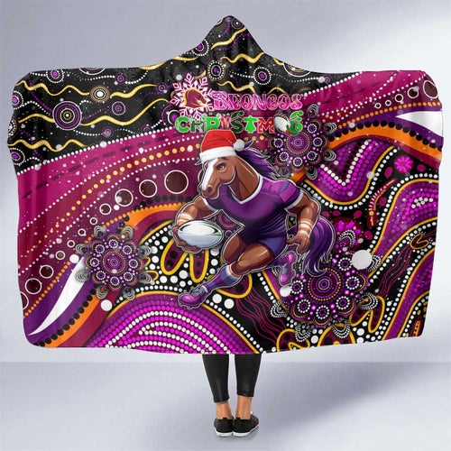 Merry Christmas Broncos Hooded Blanket Aboriginal Santa Rugby Mascot - Brisbane