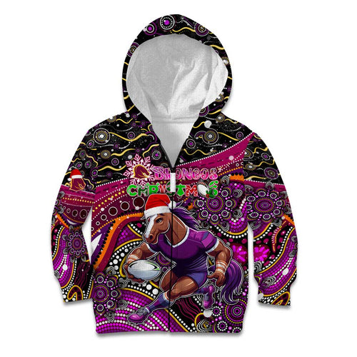 Merry Christmas Broncos Kid Hoodie Aboriginal Santa Rugby Mascot - Brisbane