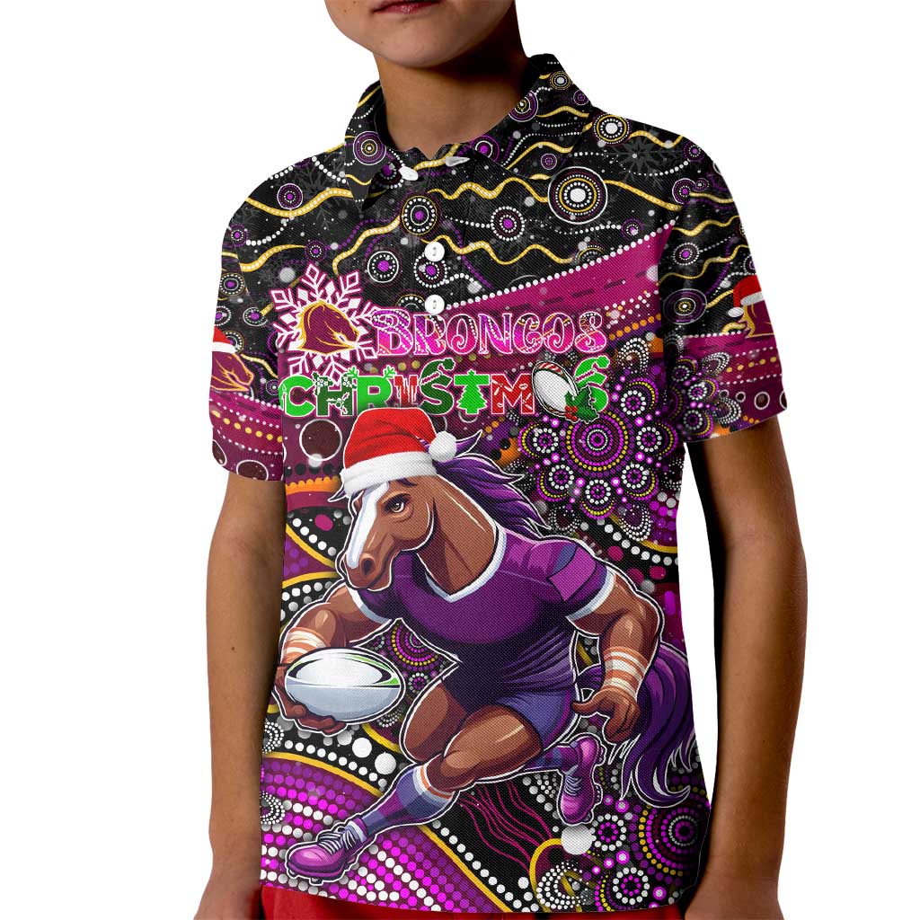 Merry Christmas Broncos Kid Polo Shirt Aboriginal Santa Rugby Mascot - Brisbane