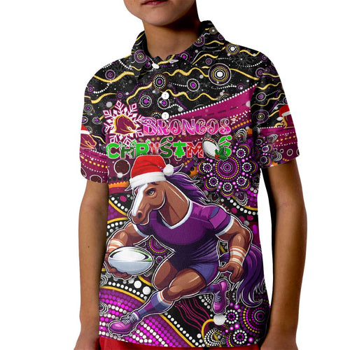Merry Christmas Broncos Kid Polo Shirt Aboriginal Santa Rugby Mascot - Brisbane