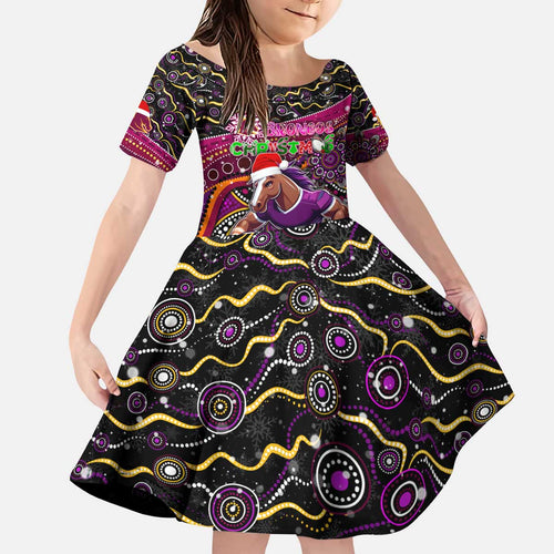 Merry Christmas Broncos Kid Short Sleeve Dress Aboriginal Santa Rugby Mascot - Brisbane