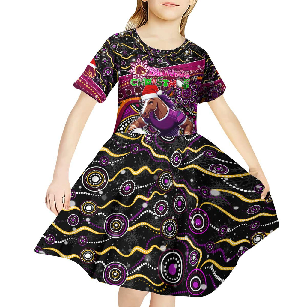 Merry Christmas Broncos Kid Short Sleeve Dress Aboriginal Santa Rugby Mascot - Brisbane