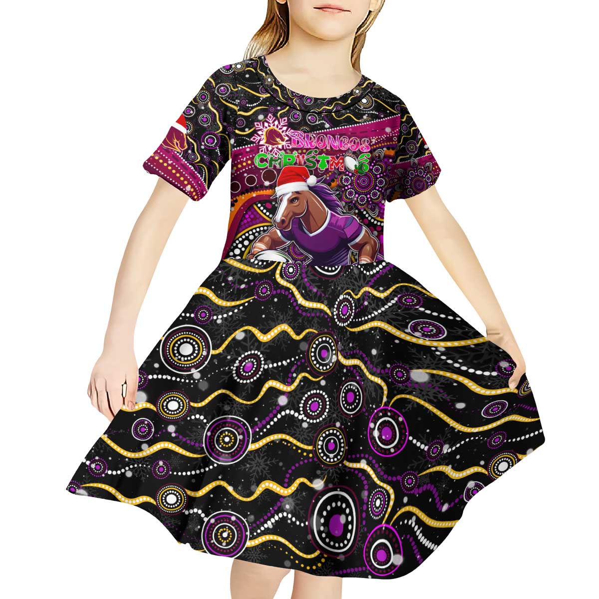 Merry Christmas Broncos Kid Short Sleeve Dress Aboriginal Santa Rugby Mascot - Brisbane