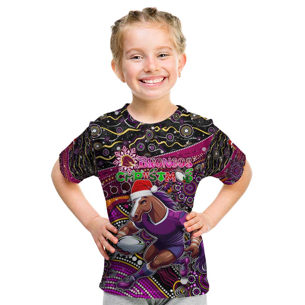 Merry Christmas Broncos Kid T Shirt Aboriginal Santa Rugby Mascot - Brisbane