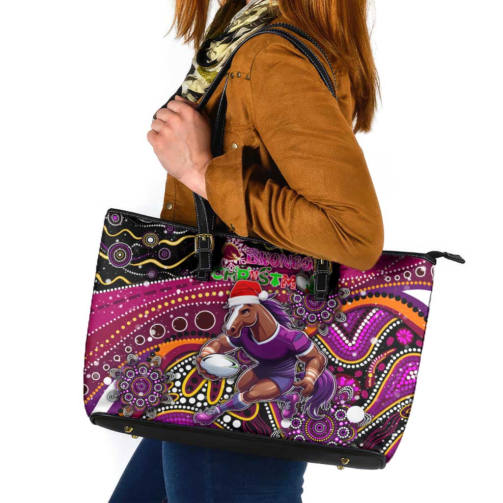Merry Christmas Broncos Leather Tote Bag Aboriginal Santa Rugby Mascot - Brisbane
