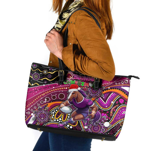 Merry Christmas Broncos Leather Tote Bag Aboriginal Santa Rugby Mascot - Brisbane