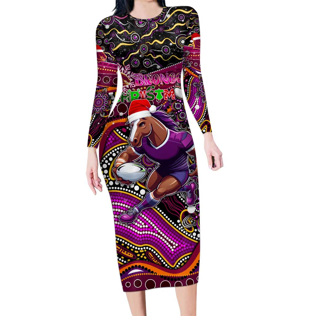 Merry Christmas Broncos Long Sleeve Bodycon Dress Aboriginal Santa Rugby Mascot - Brisbane