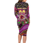 Merry Christmas Broncos Long Sleeve Bodycon Dress Aboriginal Santa Rugby Mascot - Brisbane