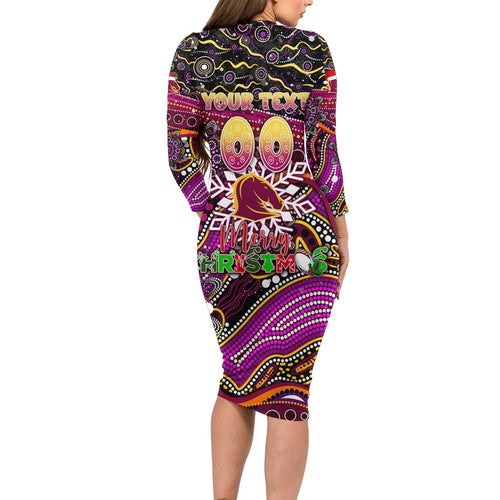 Merry Christmas Broncos Long Sleeve Bodycon Dress Aboriginal Santa Rugby Mascot - Brisbane