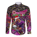Merry Christmas Broncos Long Sleeve Button Shirt Aboriginal Santa Rugby Mascot - Brisbane