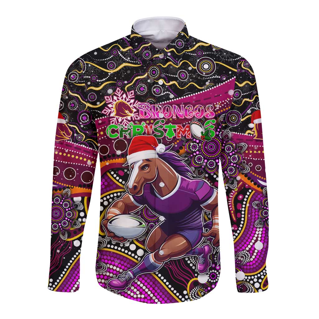 Merry Christmas Broncos Long Sleeve Button Shirt Aboriginal Santa Rugby Mascot - Brisbane